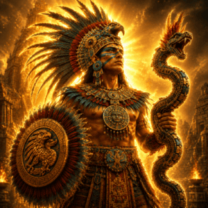 Image of Aztec god Huitzilopochtli in full regalia