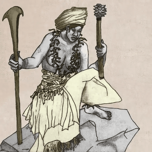 Image of Nafanua holding a spear and wearing a feathered headdress