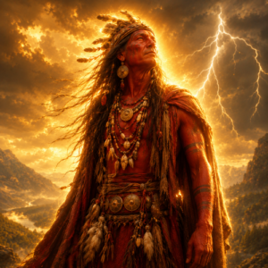 Cherokee god Asgaya Gigagei standing on a cliff with lightning behind him