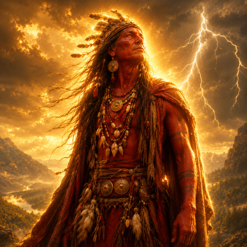 Cherokee god Asgaya Gigagei standing on a cliff with lightning behind him