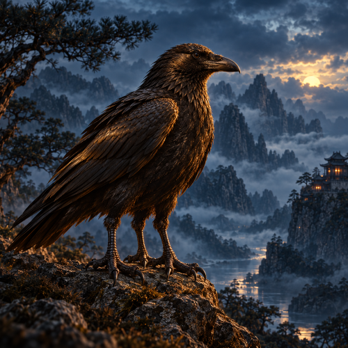 Sanzuwu, the three-legged crow of Chinese mythology, perched on a rocky mountain ledge above a misty Chinese landscape with jagged peaks and a distant temple.