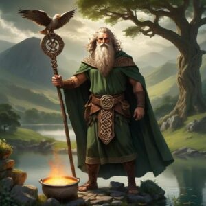 Irish god Dagda standing near an Irish bog