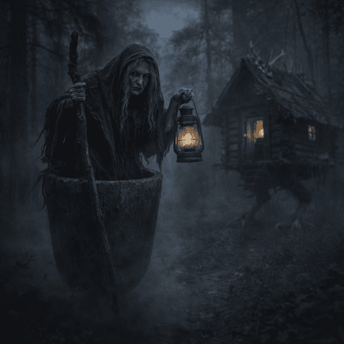 Image of Baba Yaga, the mysterious Slavic witch who lives in a forest hut on chicken legs.