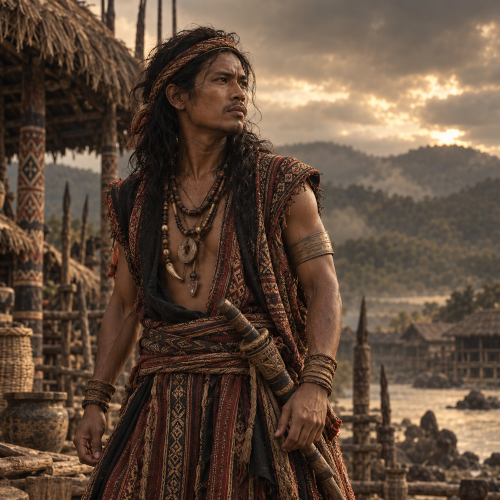 Tuwaang, the legendary hero of the Manuvu' epics of Mindanao, wearing traditional woven garments and handcrafted ornaments while standing in a riverside village