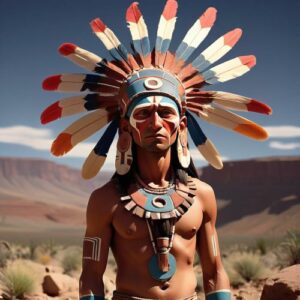 Hopi Sun god Tawa standing in a desert landscape