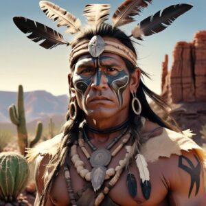 Navajo warrior Nayenezgani standing in the American desert