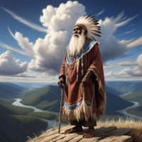 Native Australian creator god Baiame standing on top of a cliff