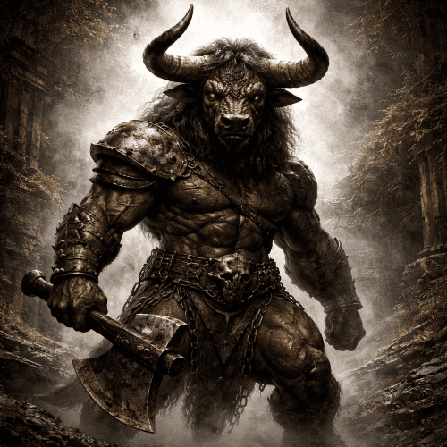Image of the fierce half-man, half-bull Minotaur from Greek mythology.