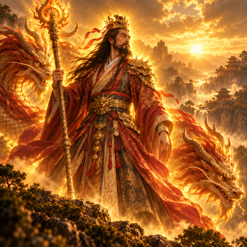 Zhurong, the Chinese god of fire and the south, standing in ornate red and gold robes with two dragons behind him