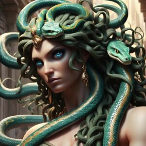 Image of the legendary Gorgon Medusa with snakes for hair, whose gaze turns onlookers to stone