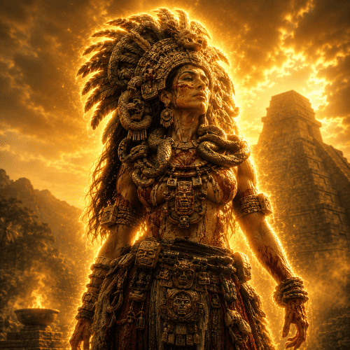 Image of Coatlique, the Aztec earth goddess with a fearsome serpentine skirt symbolizing life, death, and rebirth.