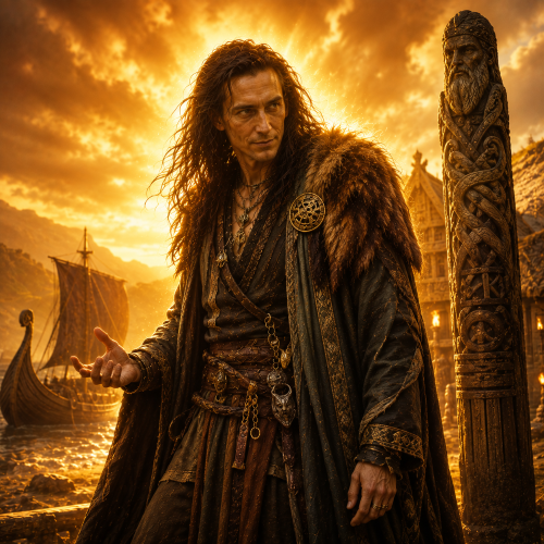 Loki, the Norse trickster, standing in golden divine light beside a Viking longship and carved Norse stone in a misty fjord.