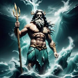 Image of the mighty Greek god of the sea, earthquakes, and horses, Poseidon wielding his trident.
