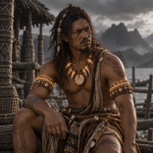 Olifat, the Micronesian demigod and trickster, seated in a Caroline Islands village wearing traditional shell and bone jewelry