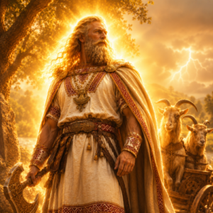 Perkūnas, the Baltic god of thunder, standing beneath a sacred oak with a commanding yet serene expression