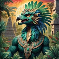 Quetzalcoatl Quetzalcoatl depicted as a majestic feathered serpent descending from the sky, embodying wisdom and creation