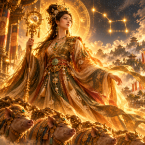 Doumu, the Chinese celestial goddess and Mother of the Northern Dipper, standing in ornate green and gold robes