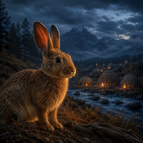Jistu, the Cherokee trickster rabbit, overlooking a misty mountain valley.