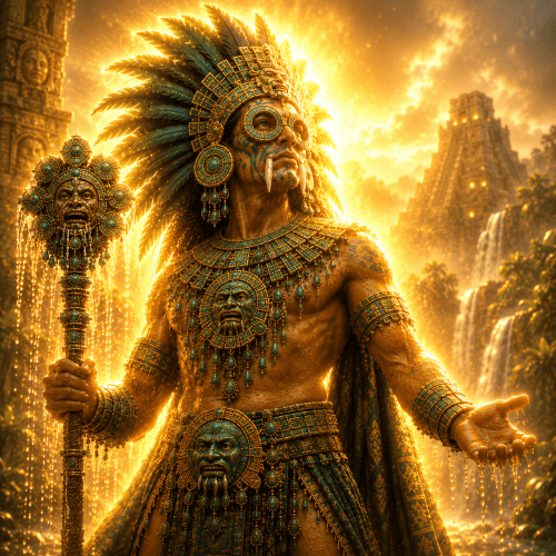 Image of the Aztec rain and storm god Tlaloc, wielder of lightning and bringer of fertility and water.