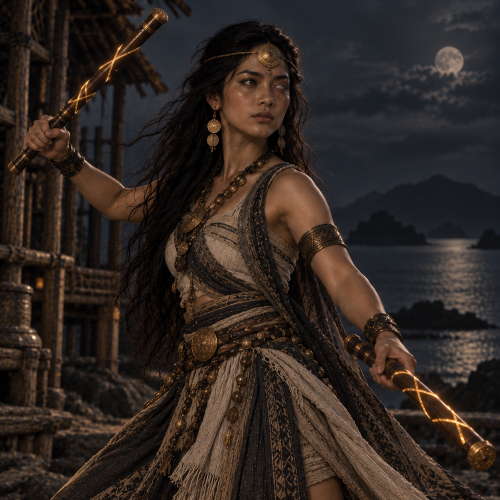 Mayari, the Philippine moon demigoddess, stands in a battle-ready pose holding two wooden staffs