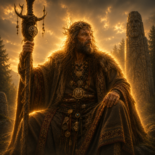 Velnias, the ancient Baltic god of the underworld, seated upon a weathered stone in a misty sacred forest