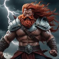 The Slavic God of Thunder and Lightning Perun standing under a stormy sky