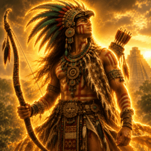 Image of the Mesoamerican god of the hunt, Mixcoatl, wielding his celestial weapons.