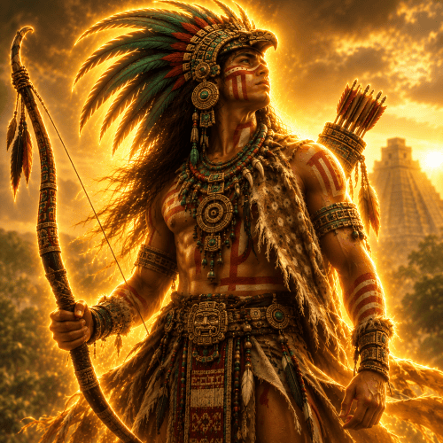 Image of the Mesoamerican god of the hunt, Mixcoatl, wielding his celestial weapons.