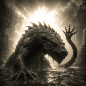 Image of Ahuizotl, the fearsome water creature from Aztec mythology with a hand on its tail.