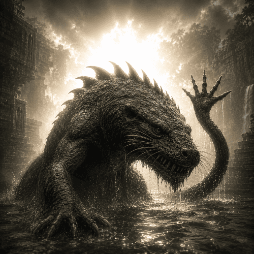Image of Ahuizotl, the fearsome water creature from Aztec mythology with a hand on its tail.