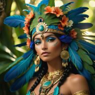 Mythlok - Ix Chel Mayan Goddess Ix Chel dressed in blue symbolic feathers