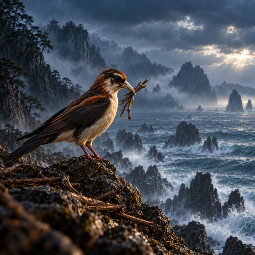 Jingwei, the mythical bird from Chinese mythology, carries twigs in its beak above the misty Eastern Sea
