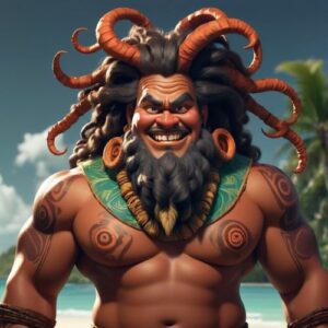 Drawing of Olifat, the cunning trickster god of Pacific Island mythology known for mischief and clever deeds.