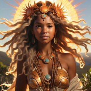 Image of Yhi, the radiant sun goddess of Aboriginal mythology bringing light, life, and seasonal change.