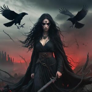 Image of the war and fate goddess Badb from Irish mythology, associated with battle, prophecy, and transformation.