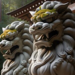 A pair of Japanese Komainu at the entrance of a temple