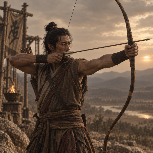 Hou Yi, the legendary Chinese archer, drawing his bow against a hazy mountain landscape in muted brown and sepia tones.