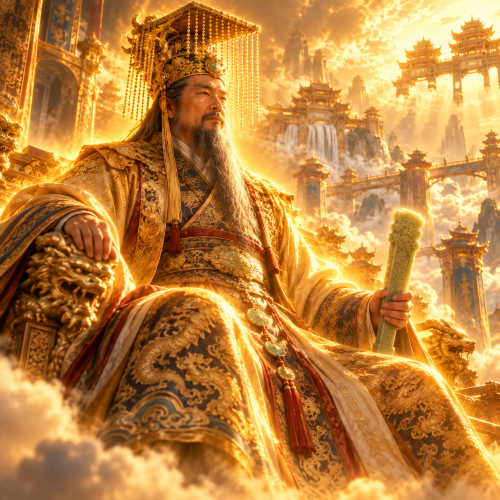 Jade Emperor seated on an ornate dragon throne in a celestial Chinese palace