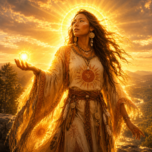 Unelanuhi, the Cherokee Sun, standing beneath a golden sky with radiant light surrounding her.