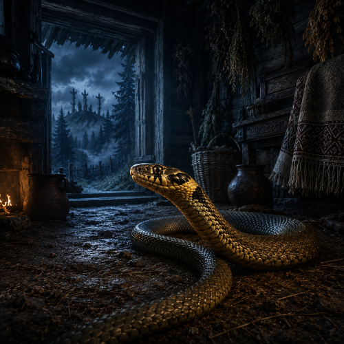 A sacred Žaltys, depicted as a realistic European grass snake, rests on the earthen floor of a traditional Lithuanian farmhouse