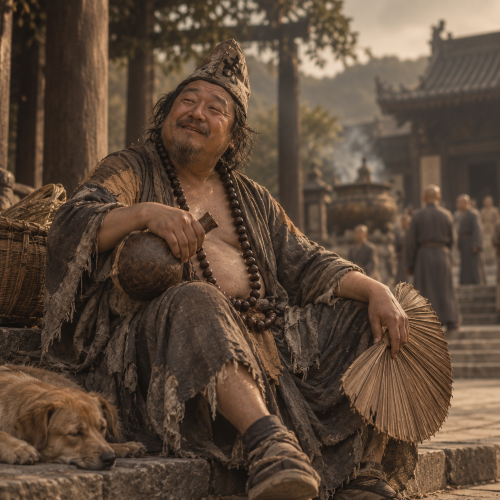 Ji Gong, a Chinese monk in tattered robes, holding a wine gourd and fan while sitting outside an ancient temple.