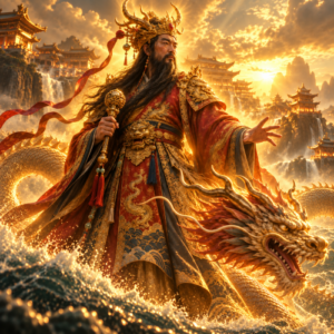Longwang, the Chinese Dragon King, standing amid crashing waves in ornate red-and-gold robes