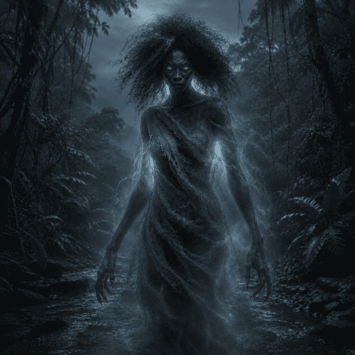 Image of the nocturnal witch-like spirit Obayifo known in West African folklore for sorcery and shape-shifting powers