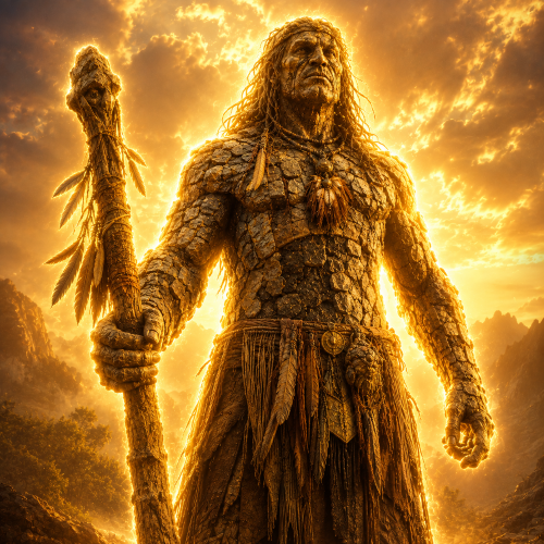 Ocasta, the stone-clad supernatural being, standing with a magical staff amid a golden mountain landscape.