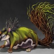 An illustration of Ratatoskr running up and down the world tree, Yggdrasil