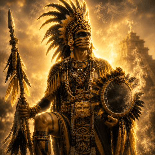 ezcatlipoca, the Aztec Smoking Mirror god, standing before a softly blurred Mesoamerican temple with a divine golden glow, swirling smoke, obsidian mirror, feathered headdress, ceremonial spear, and traditional black face paint.