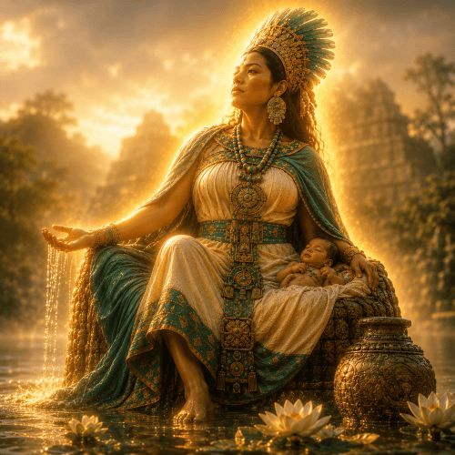 Image of Chalchiuhtlicue, the Aztec goddess of rivers, lakes, and water, symbolizing fertility and purification.