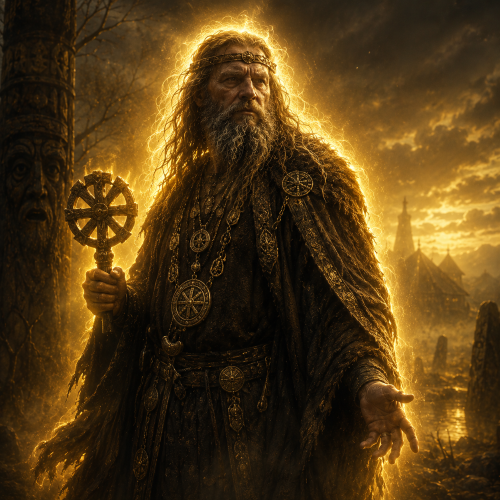 Peckols, the Old Prussian god of the underworld, standing with a divine golden glow