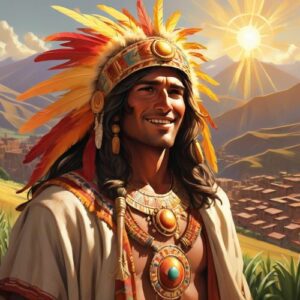 Incan Sun God Inti standing on the Incan landscape