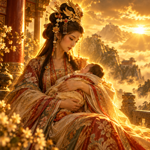 Bixia Yuanjun, Chinese goddess of Mount Tai, cradling a sleeping infant in an ornate temple amid golden dawn light and misty mountains.